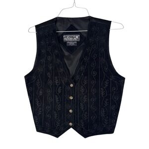 Agapo Petite Black Leather Suede Embroidered Vest Gold Buttons Western Boho PL